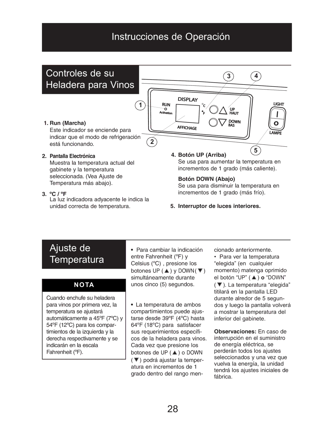 Danby DWC1534BLS owner manual Ajuste de Temperatura, Nota 