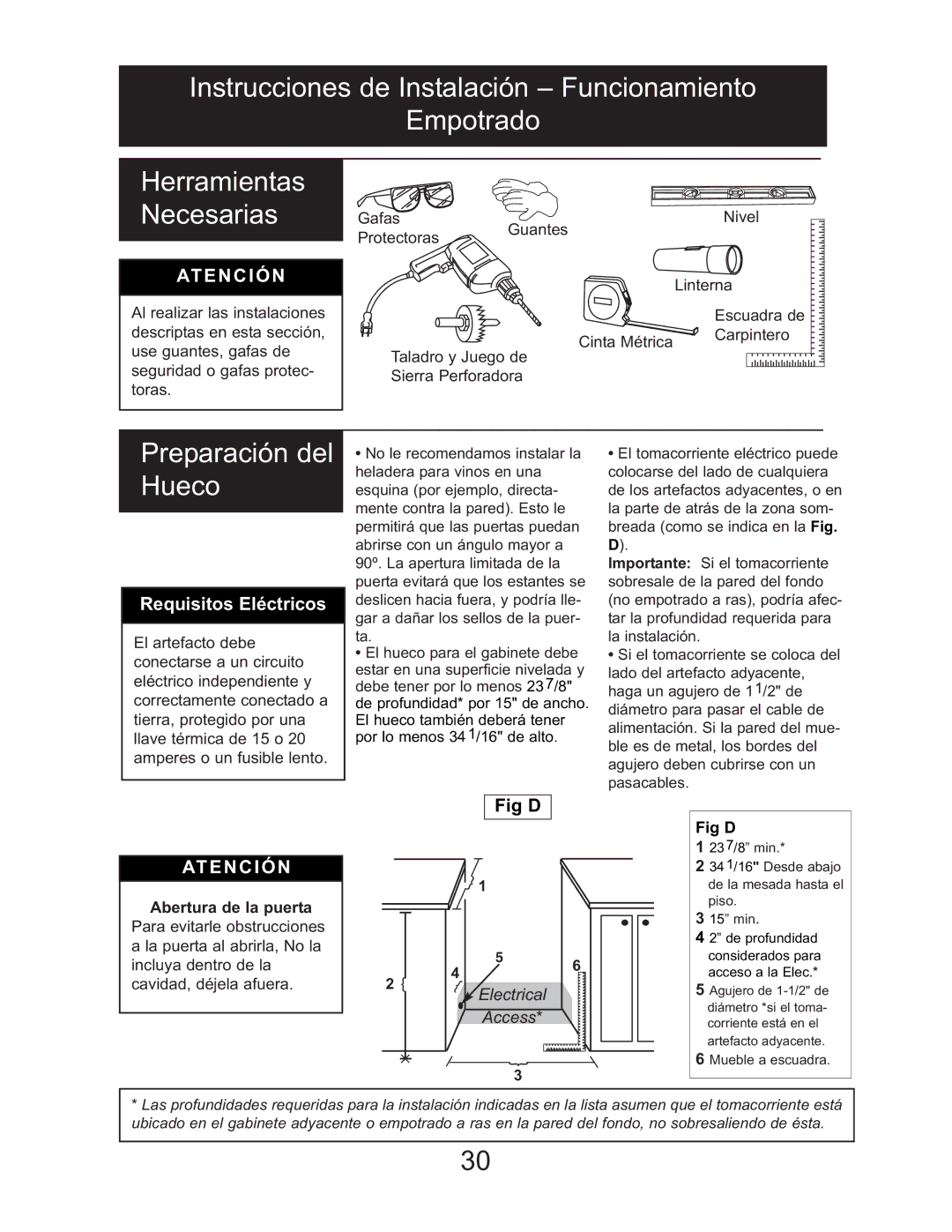 Danby DWC1534BLS owner manual Preparación del Hueco, Requisitos Eléctricos 