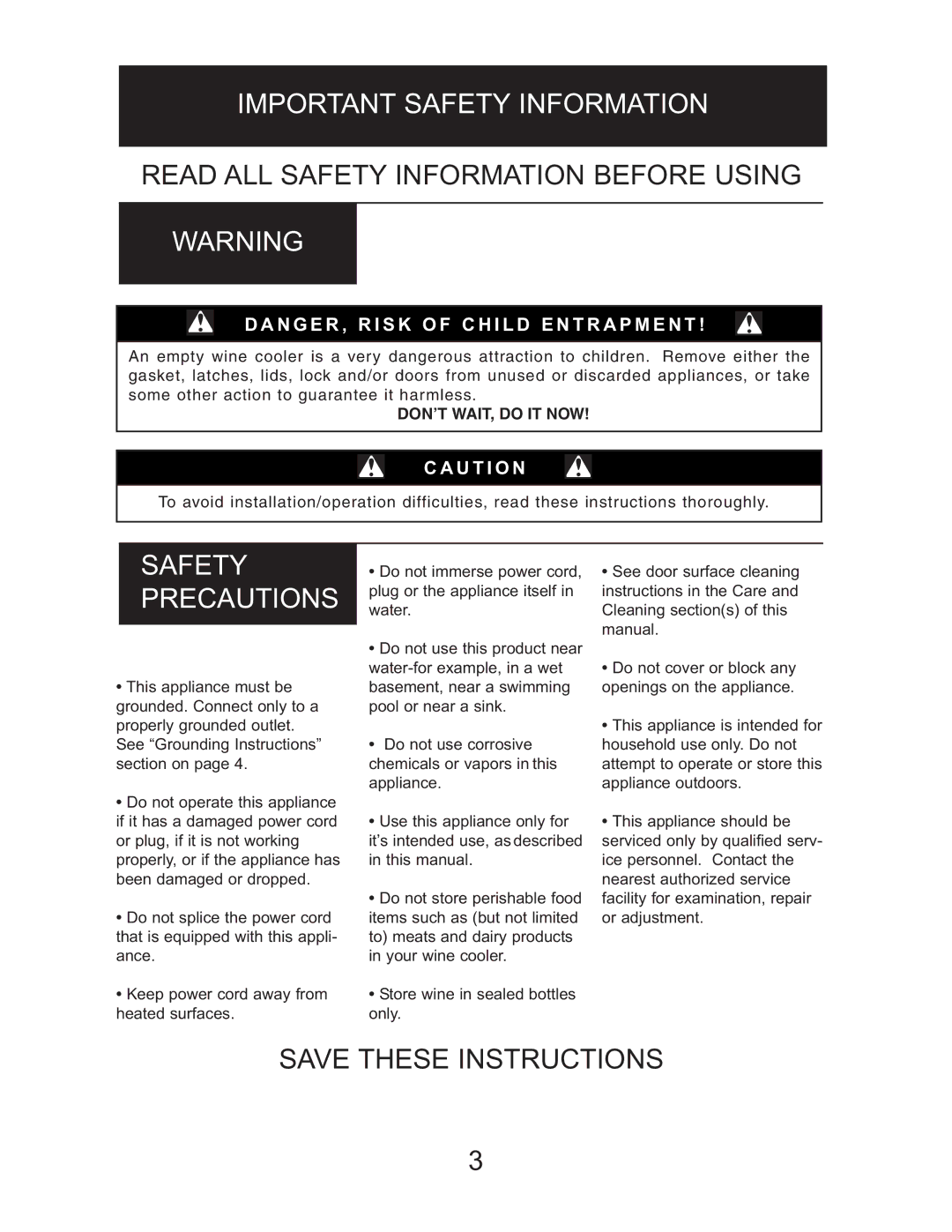 Danby DWC1534BLS owner manual Important Safety Information, Safety Precautions 