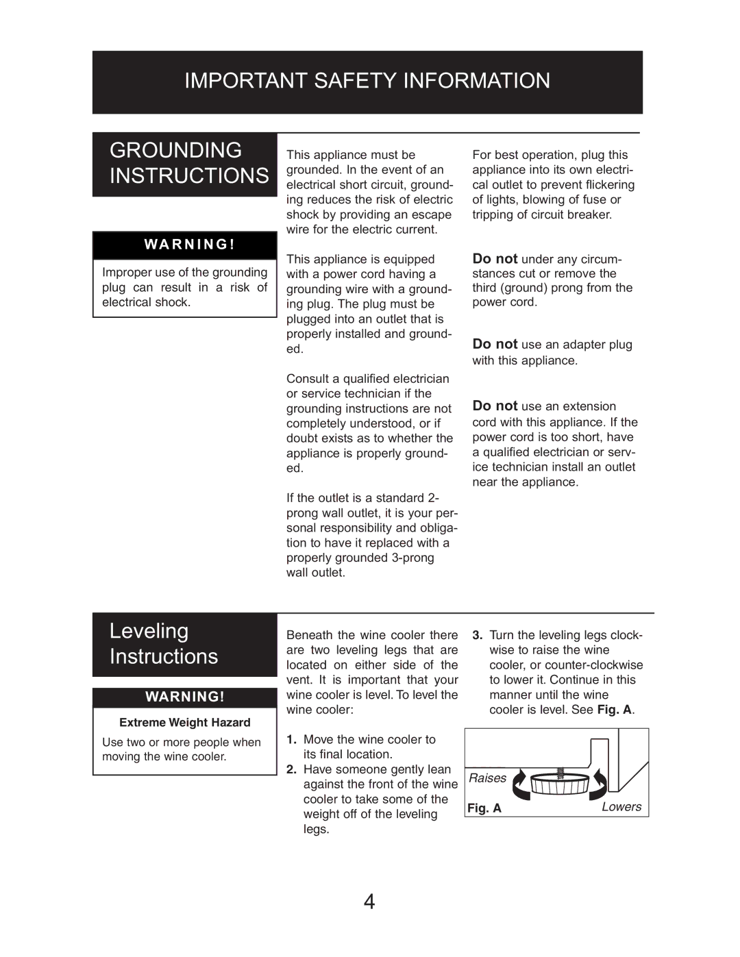 Danby DWC1534BLS owner manual Important Safety Information Grounding Instructions, Leveling Instructions 