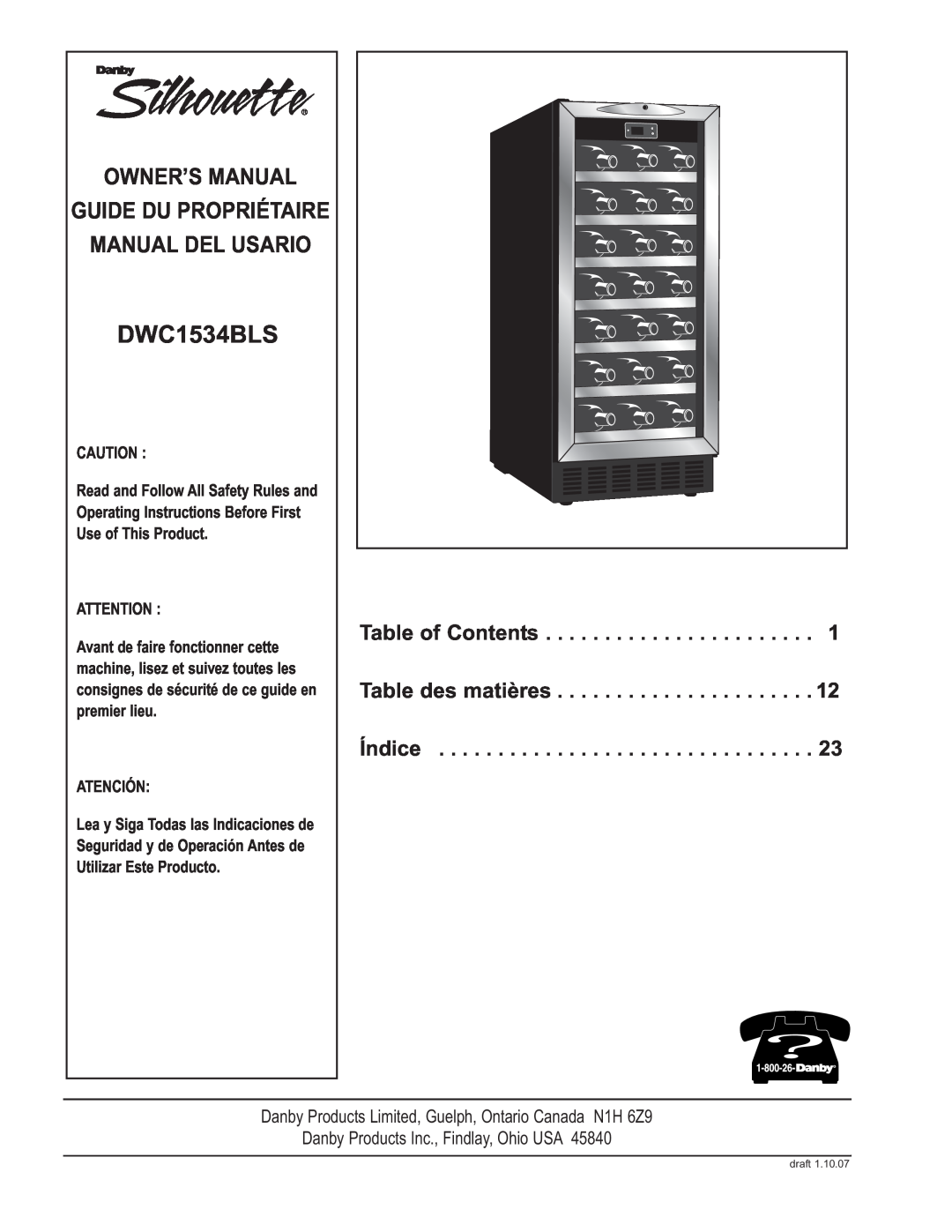 Danby DWC1534BLS owner manual Manual Del Usario, Guide Du Propriétaire, Table of Contents, Table des matières, Índice 