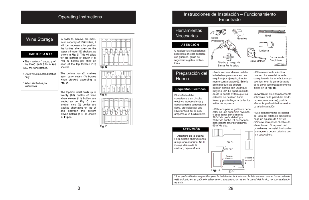 Danby DWC166BLSRH owner manual Wine Storage, Preparación del Hueco, Requisitos Eléctricos 