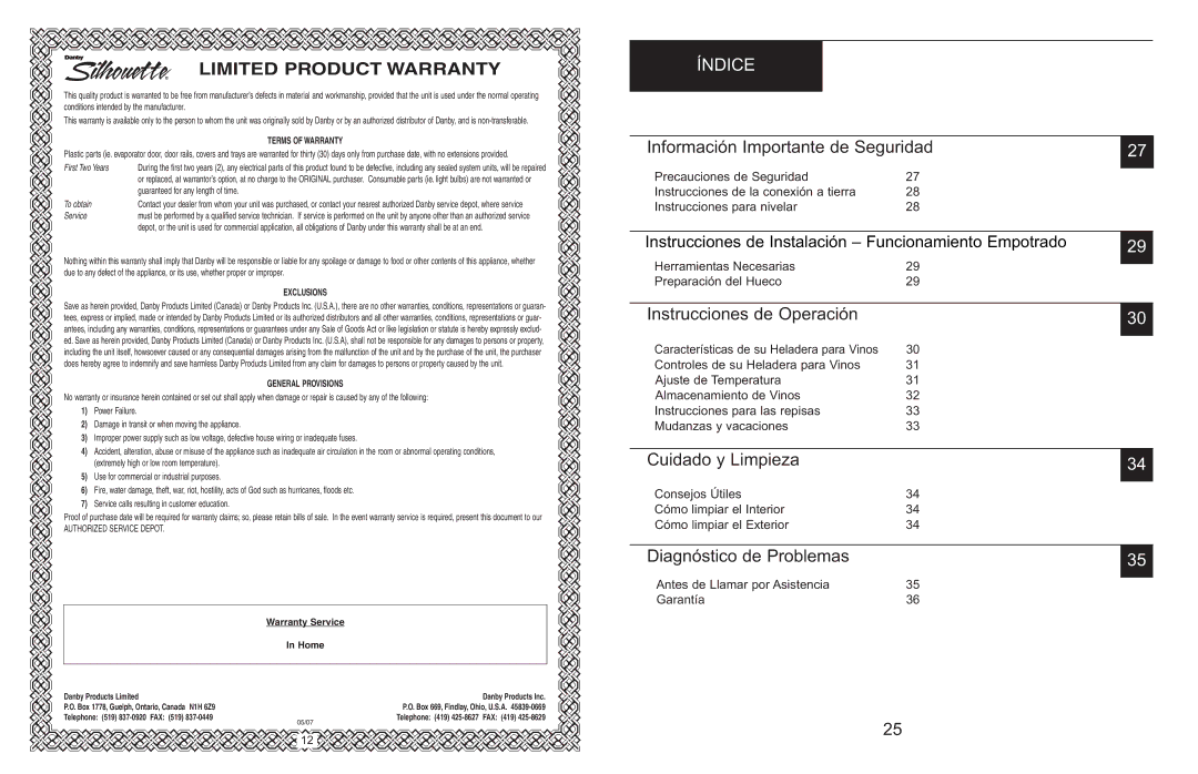 Danby DWC166BLSRH owner manual Índice, Información Importante de Seguridad, Instrucciones de Operación, Cuidado y Limpieza 