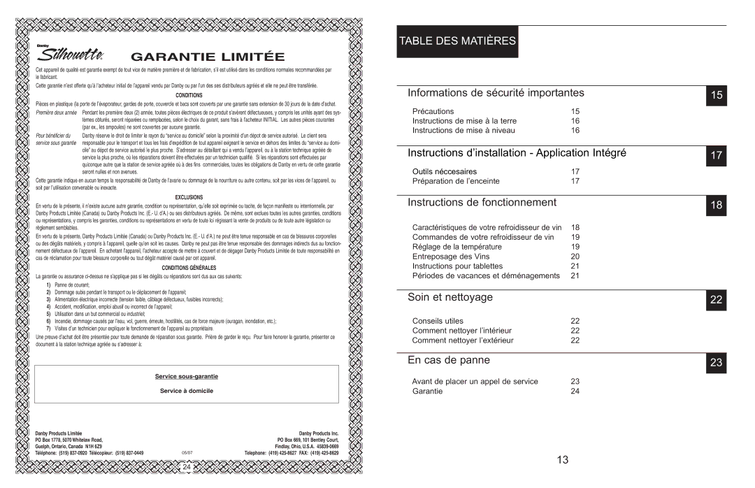 Danby DWC166BLSRH owner manual Table DES Matières, Informations de sécurité importantes, Instructions de fonctionnement 