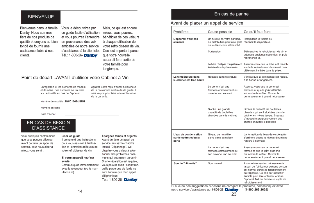 Danby DWC166BLSRH Bienvenue, En cas de panne, Avant de placer un appel de service, EN CAS DE Besoin ’ASSISTANCE 