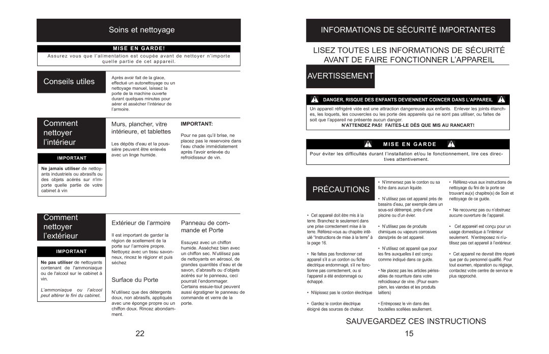 Danby DWC166BLSRH owner manual Informations DE Sécurité Importantes, Avertissement, Précautions 