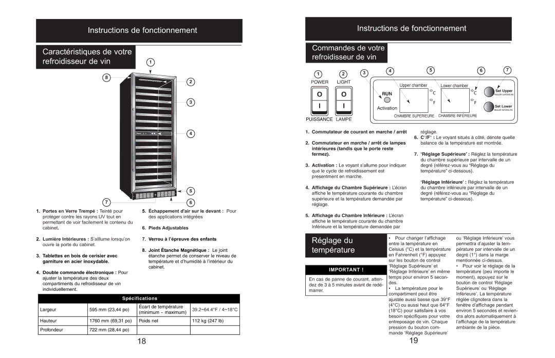 Danby DWC166BLSRH owner manual Réglage du température 