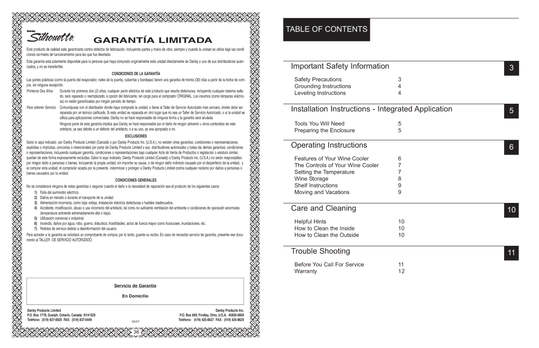 Danby DWC166BLSRH owner manual Garantía Limitada, Table of Contents 