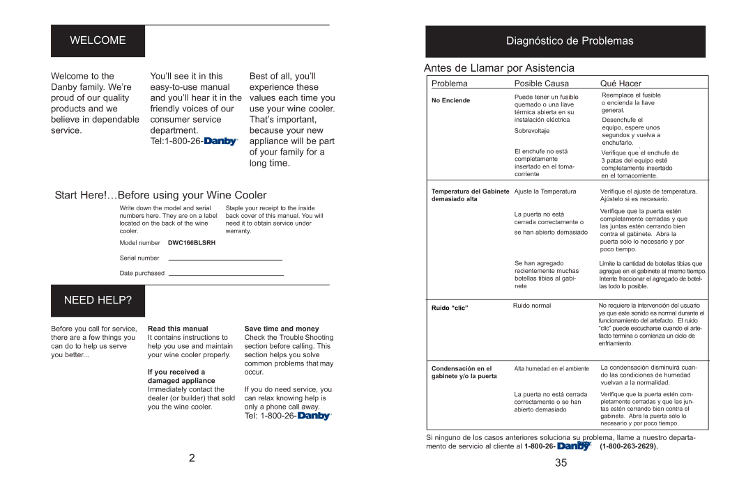 Danby DWC166BLSRH owner manual Welcome, Diagnóstico de Problemas, Antes de Llamar por Asistencia, Need HELP? 