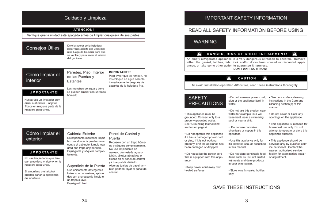 Danby DWC166BLSRH Cuidado y Limpieza, Important Safety Information, Cómo limpiar el interior, Safety Precautions 