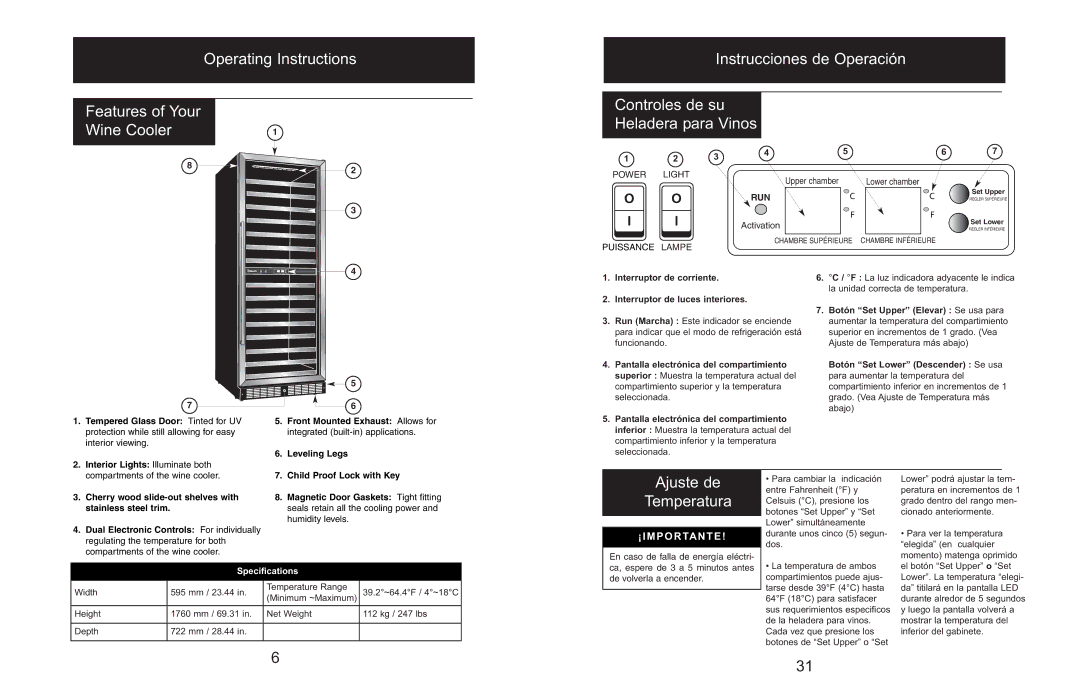 Danby DWC166BLSRH owner manual Ajuste de Temperatura, Activation, Interruptor de corriente Interruptor de luces interiores 