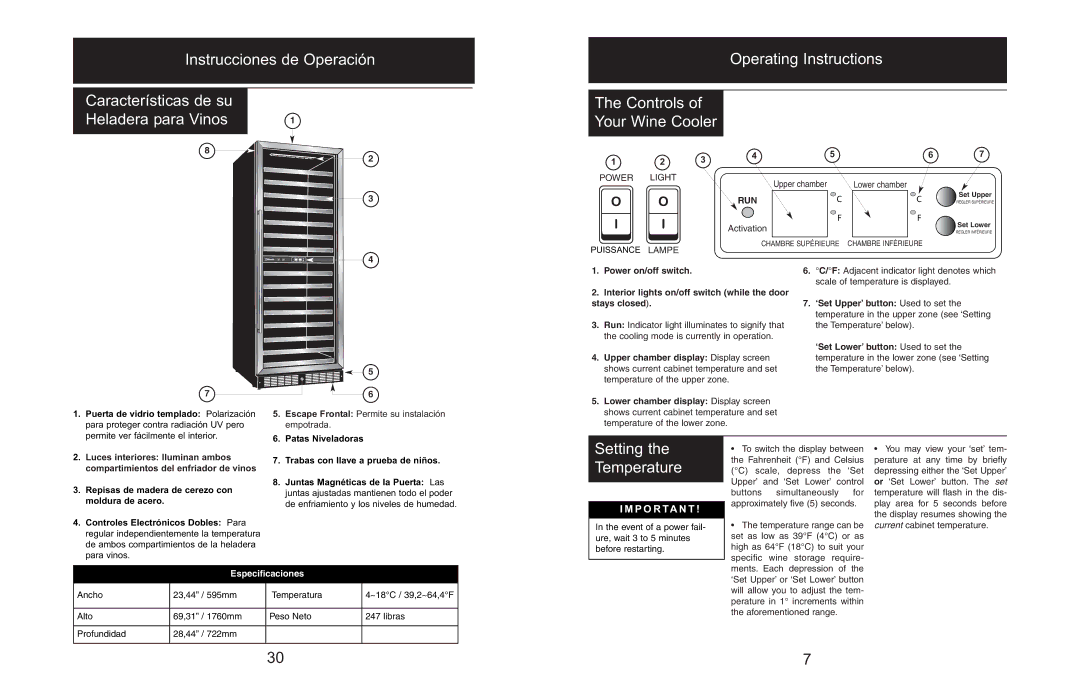 Danby DWC166BLSRH owner manual Operating Instructions Controls Your Wine Cooler, Setting the Temperature, P O R Ta N T 