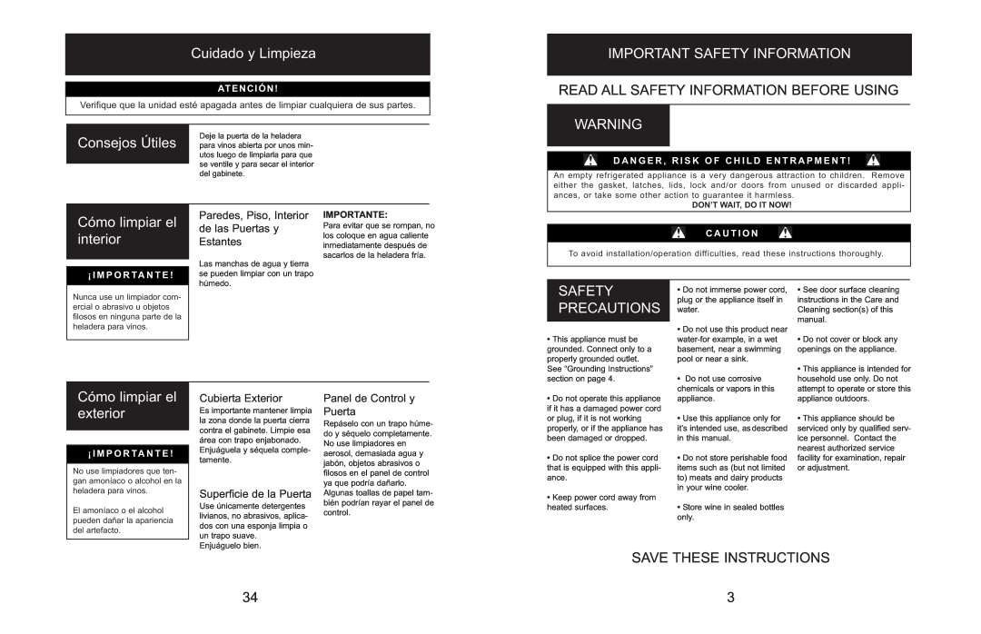 Danby DWC166BLSRH Cuidado y Limpieza, Important Safety Information, Read All Safety Information Before Using, Atención 