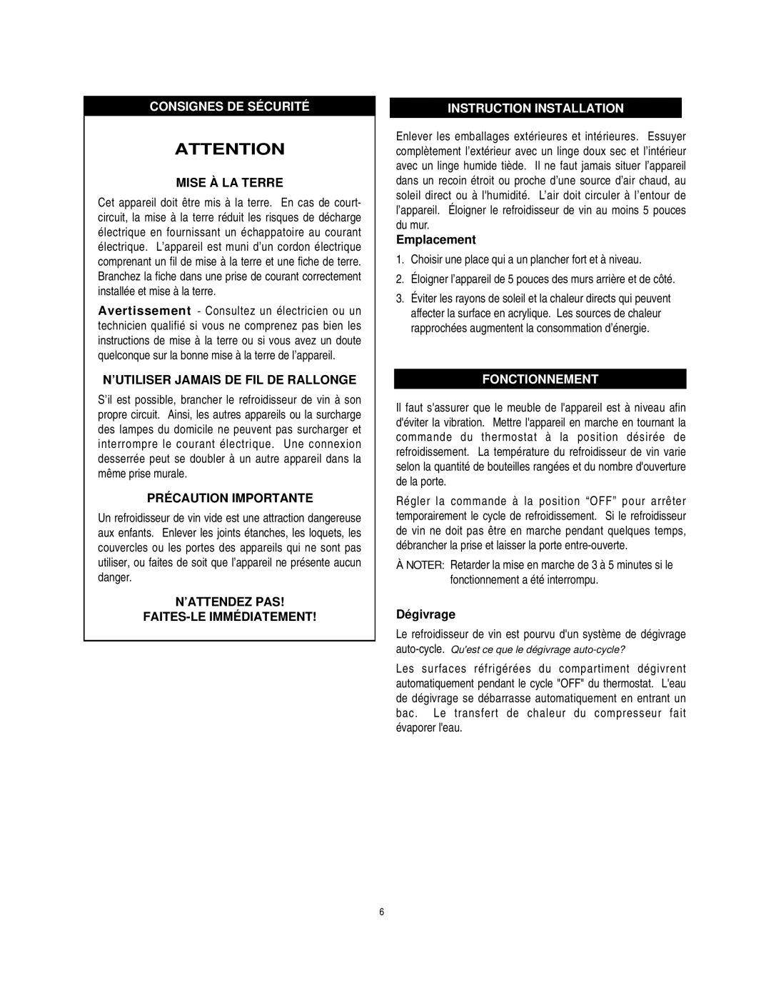 Danby DWC172BL manual Consignes DE Sécurité, Instruction Installation, Emplacement, Fonctionnement, Dégivrage 