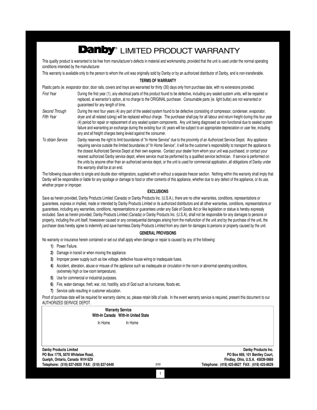 Danby DWC172BL manual Limited Product Warranty 