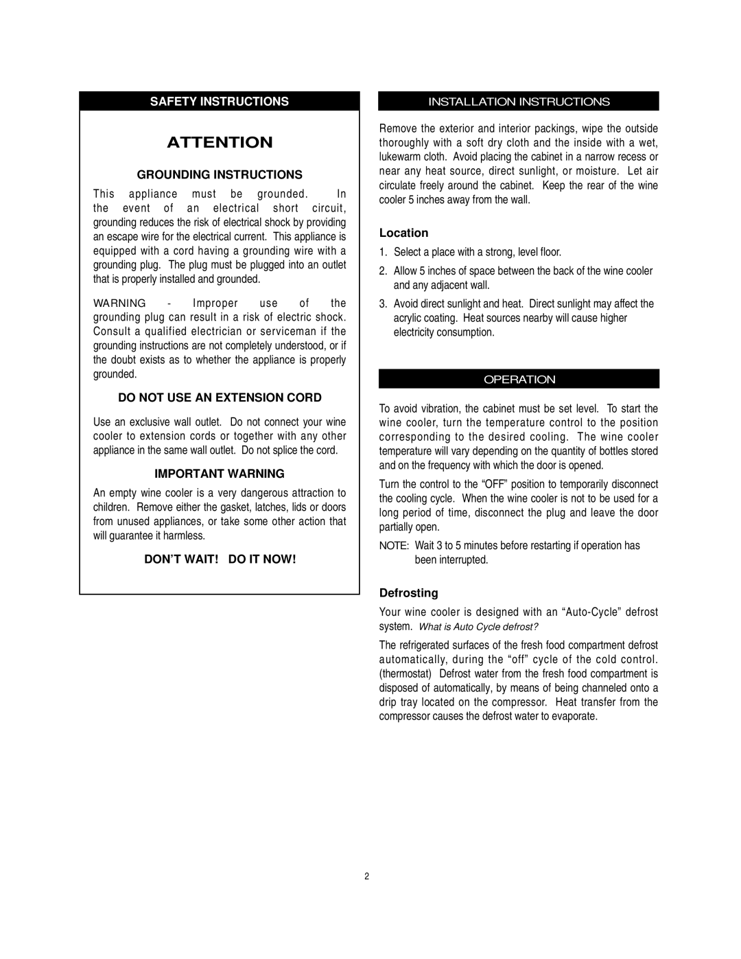 Danby DWC172BL manual Safety Instructions, Installation Instructions, Location, Operation, Defrosting 