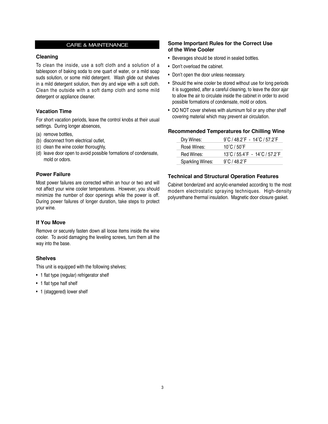 Danby DWC172BL manual Care & Maintenance 