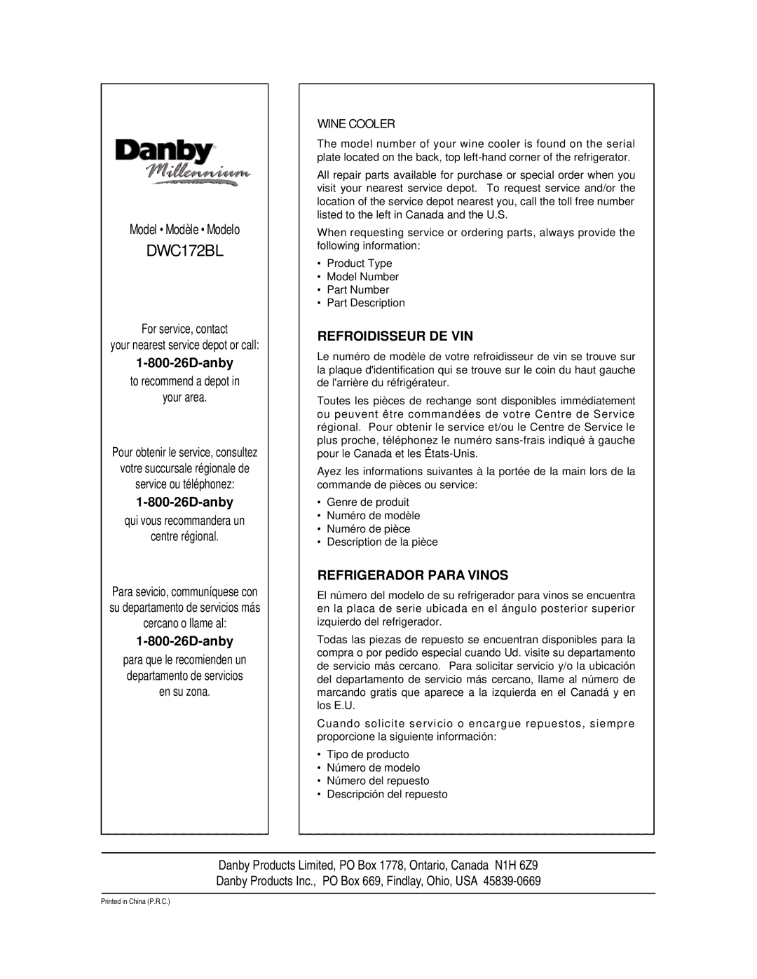 Danby DWC172BL manual 