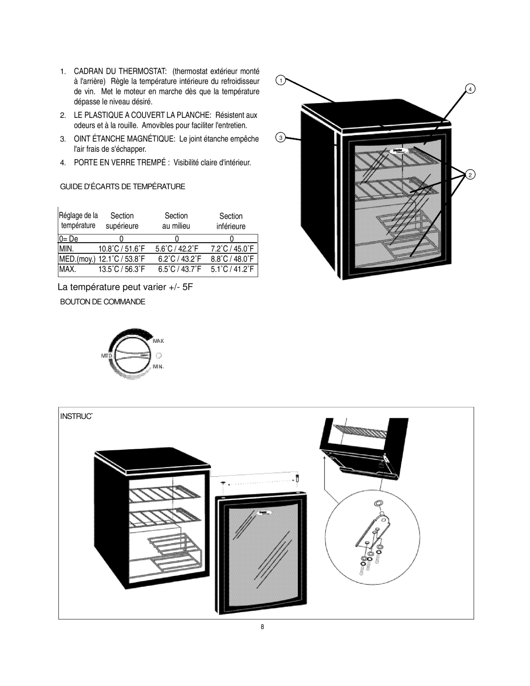 Danby DWC172BL manual Lair frais de séchapper, Guide Décarts DE Température 