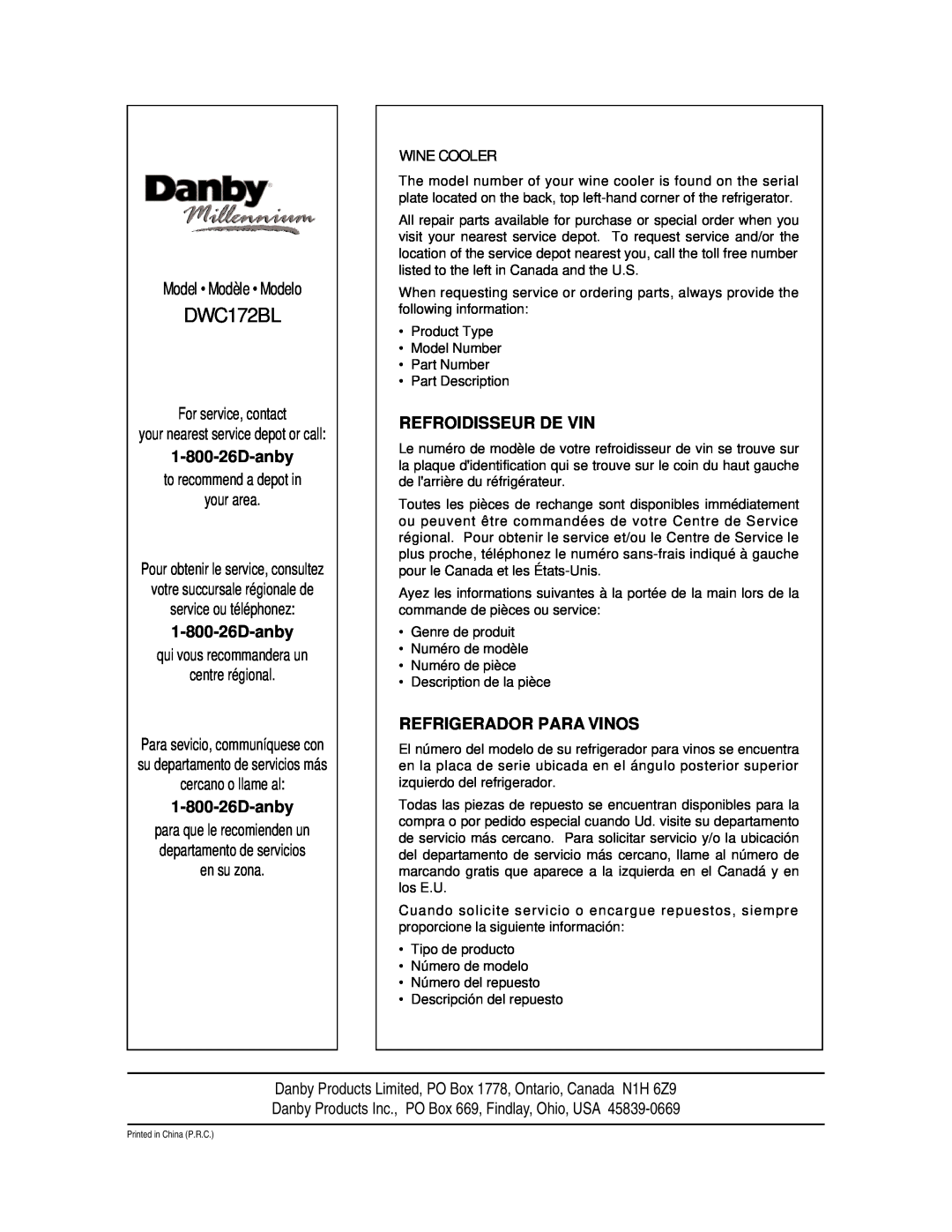 Danby DWC172BL manual Model Modèle Modelo, For service, contact, your nearest service depot or call, Wine Cooler 