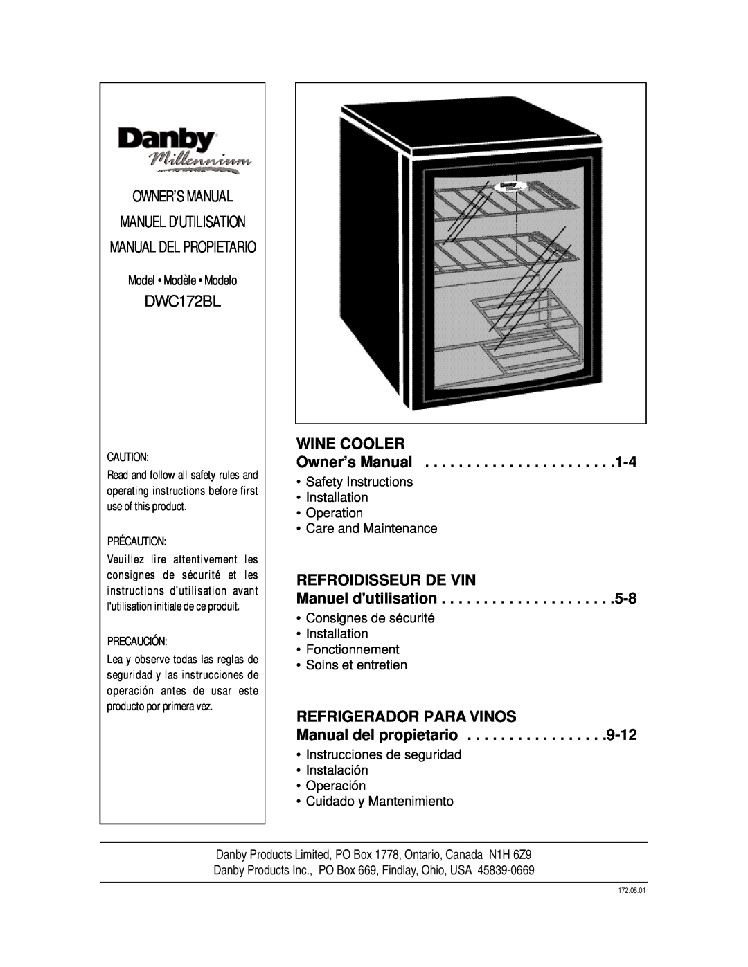 Danby DWC172BL Manuel Dutilisation, Wine Cooler, Refroidisseur De Vin, Refrigerador Para Vinos, Précaution, Precaución 