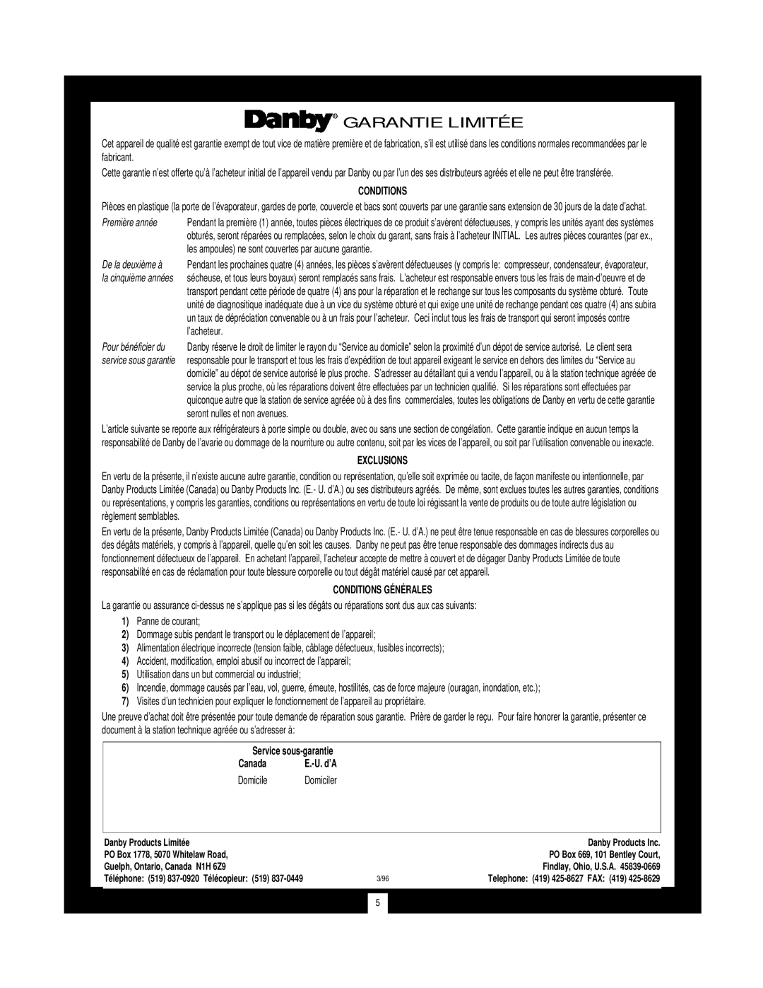 Danby DWC172BL manual Garantie Limitée, Exclusions, Conditions Générales, Service sous-garantie, Canada, Domicile 