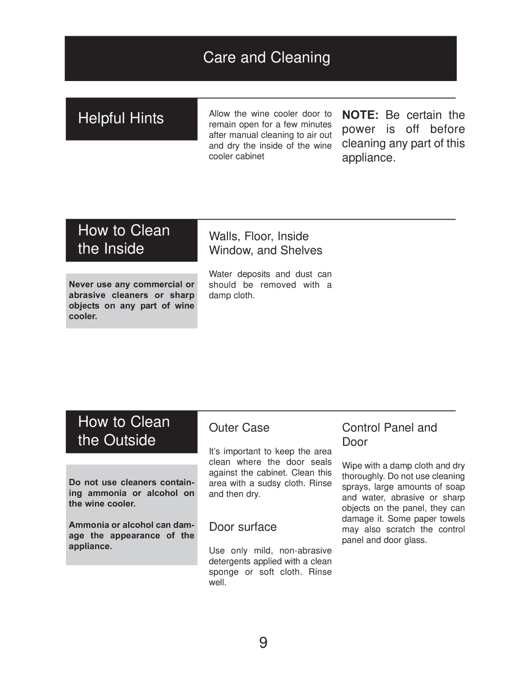 Danby DWC2727BLS owner manual Care and Cleaning Helpful Hints, How to Clean the Inside, How to Clean the Outside 