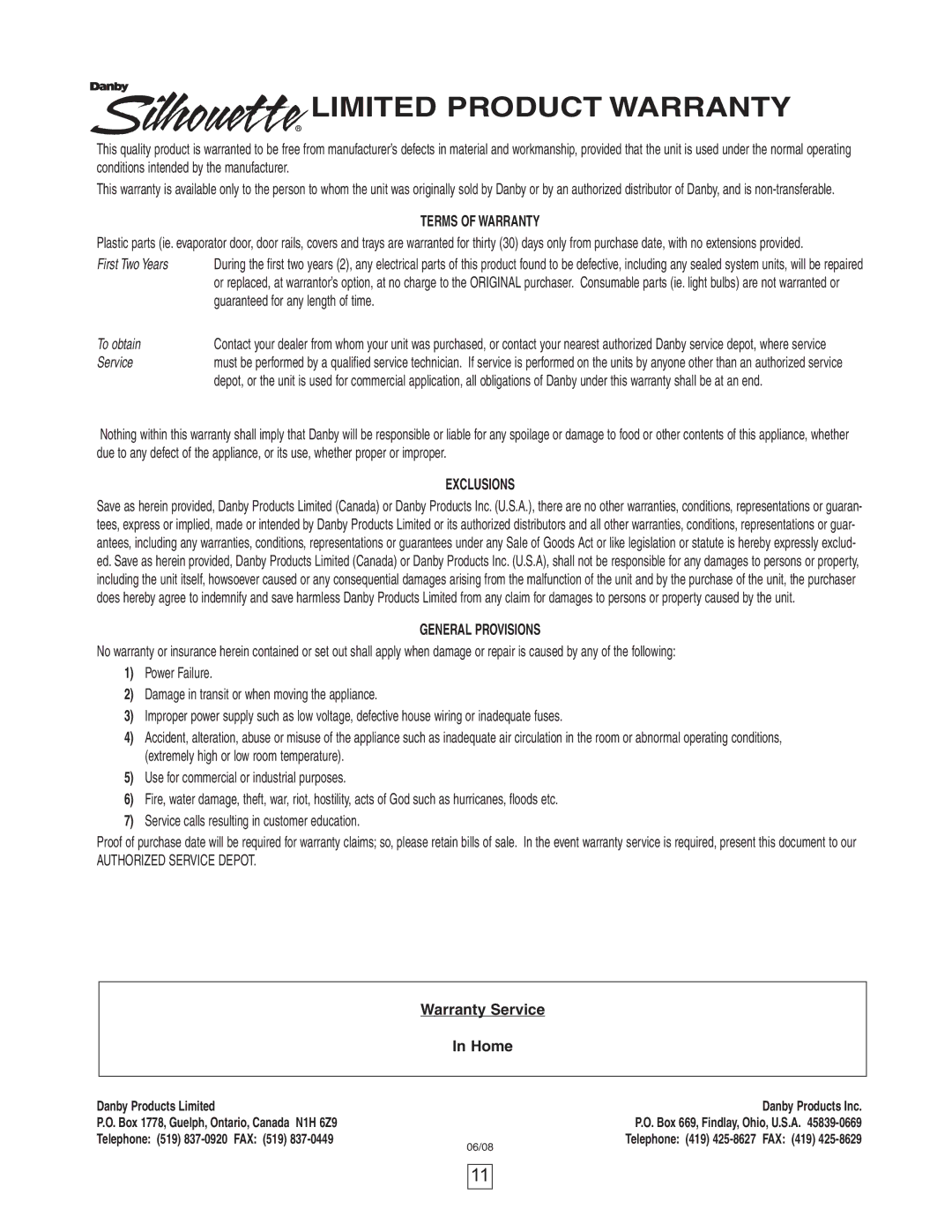 Danby DWC2727BLS owner manual Limited Product Warranty 