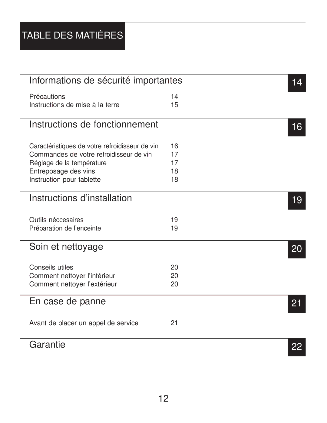 Danby DWC2727BLS owner manual Table DES Matières 