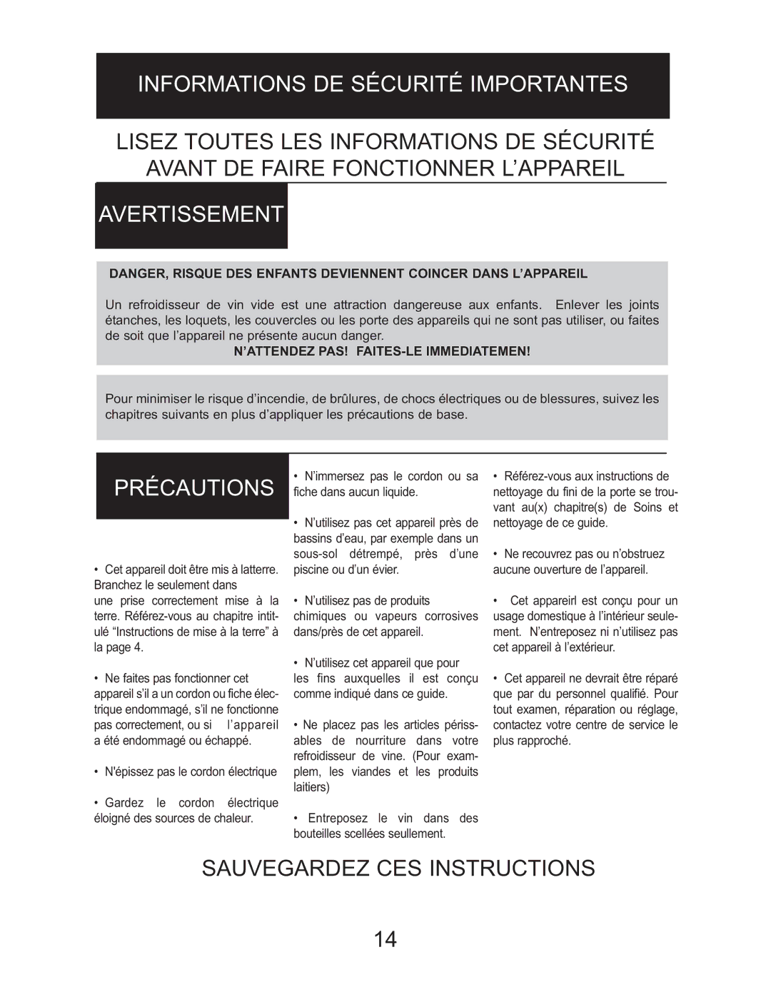 Danby DWC2727BLS owner manual Informations DE Sécurité Importantes, Avertissement, Précautions 