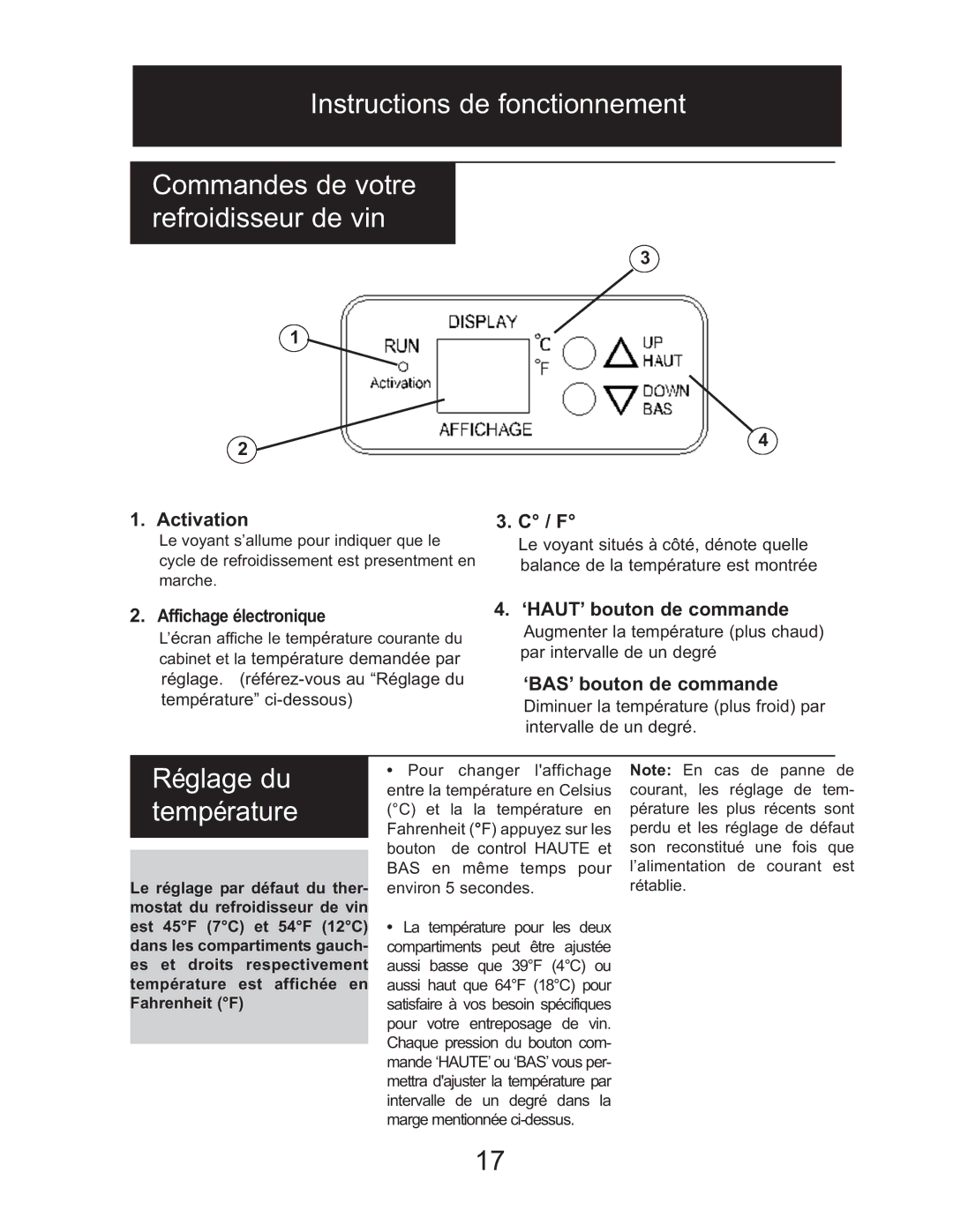 Danby DWC2727BLS owner manual Réglage du température, Activation, Affichage électronique, ‘HAUT’ bouton de commande 