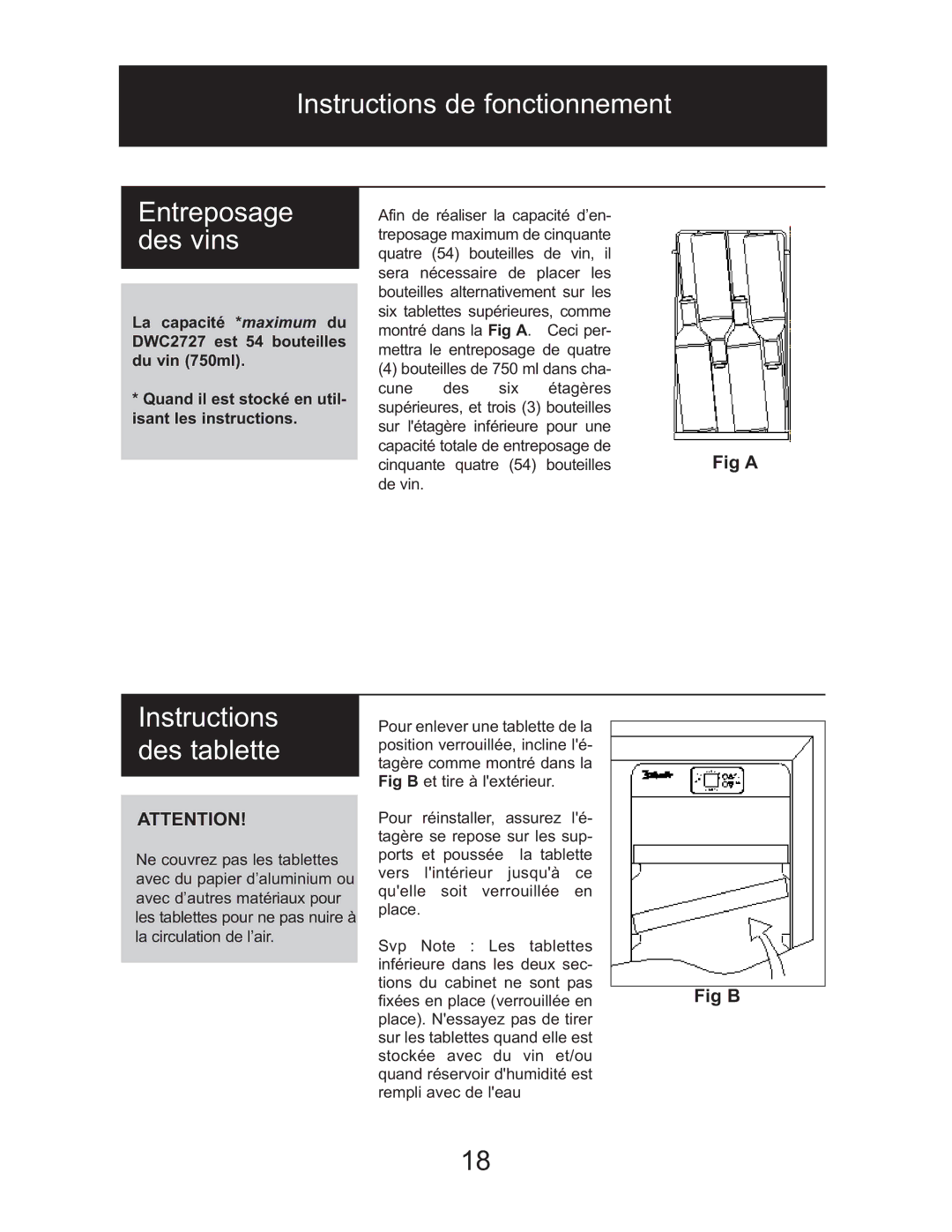 Danby DWC2727BLS owner manual Instructions de fonctionnement Entreposage des vins, Instructions des tablette 