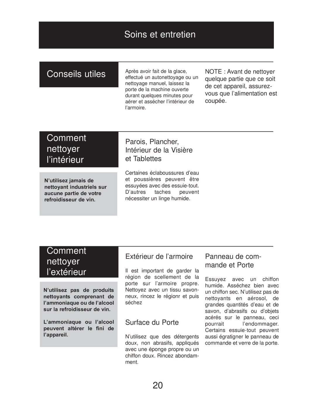 Danby DWC2727BLS Soins et entretien Conseils utiles, Comment nettoyer l’intérieur, Comment nettoyer l’extérieur 