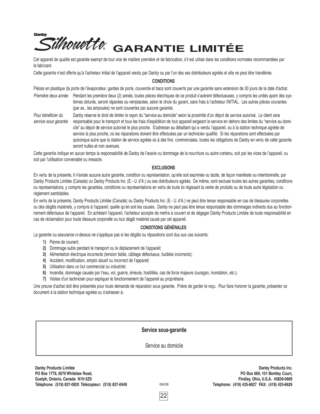 Danby DWC2727BLS owner manual Garantie Limitée 