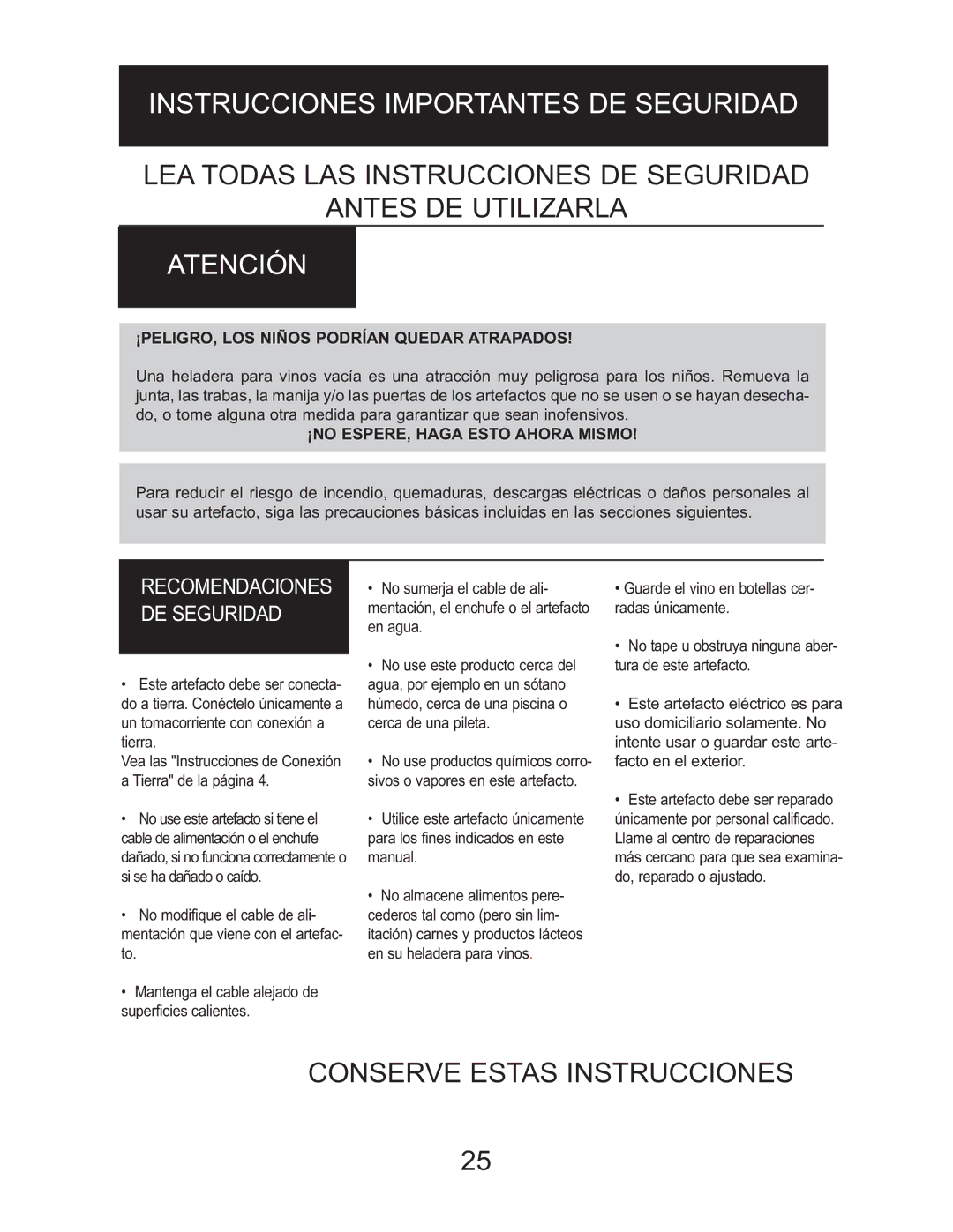 Danby DWC2727BLS owner manual Instrucciones Importantes DE Seguridad, Atención 