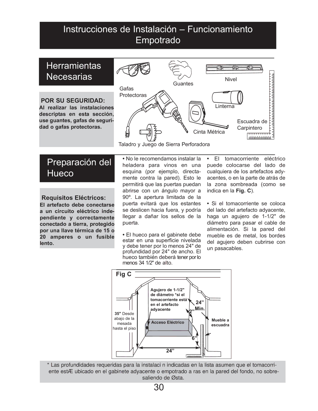 Danby DWC2727BLS owner manual Preparación del Hueco, Requisitos Eléctricos 