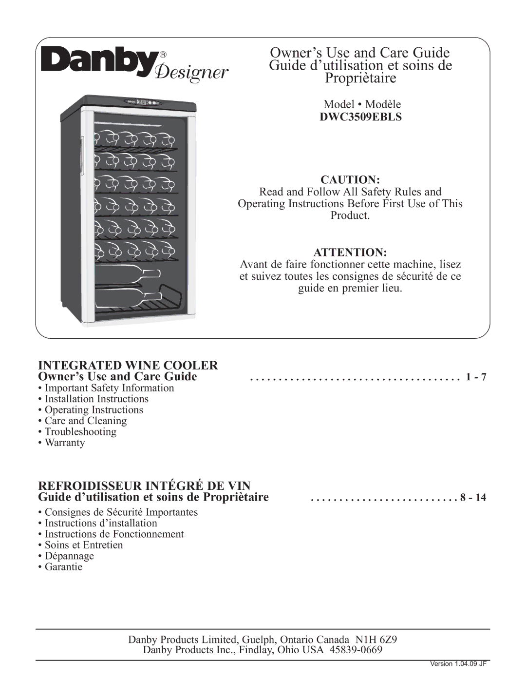 Danby DWC3509EBLS installation instructions Owner’s Use and Care Guide, Guide d’utilisation et soins de Propriètaire 