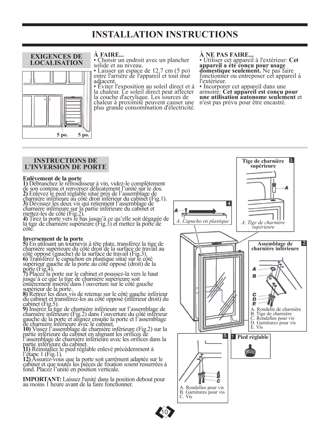 Danby DWC3509EBLS installation instructions Exigences DE Localisation, Instructions DE ’INVERSION DE Porte 