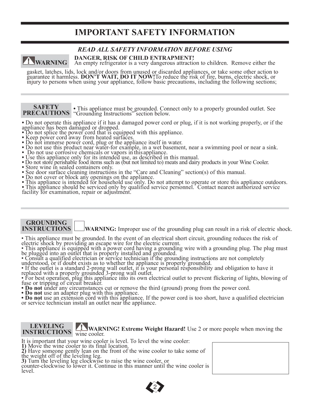 Danby DWC3509EBLS installation instructions Important Safety Information, Precautions, Grounding, Leveling Instructions 