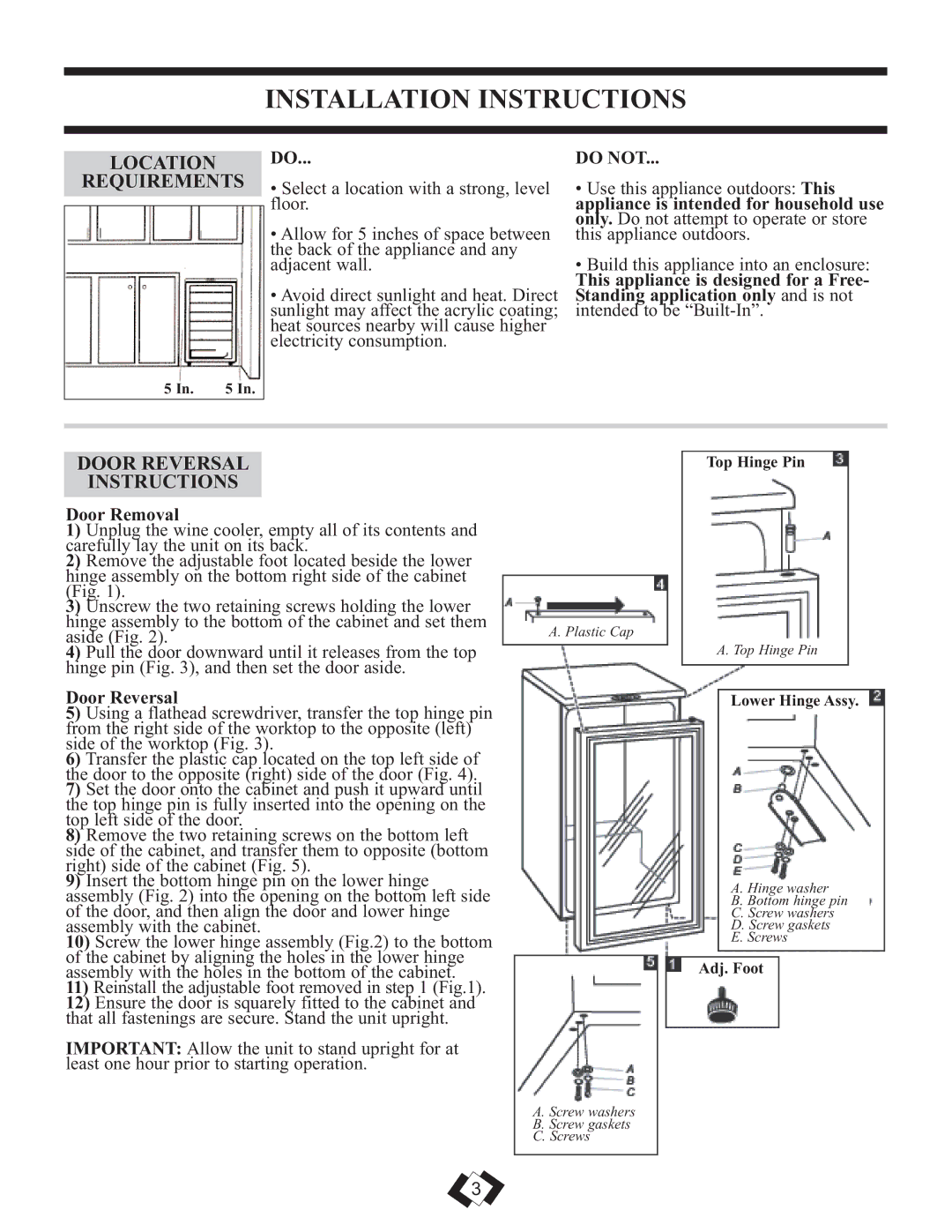 Danby DWC3509EBLS Installation Instructions, Location Requirements, Door Reversal Instructions, Door Removal 