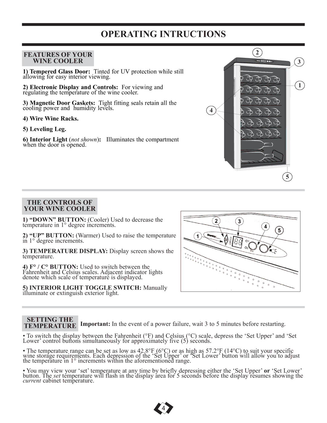 Danby DWC3509EBLS Operating Intructions, Features of Your Wine Cooler, Controls Your Wine Cooler, Setting 