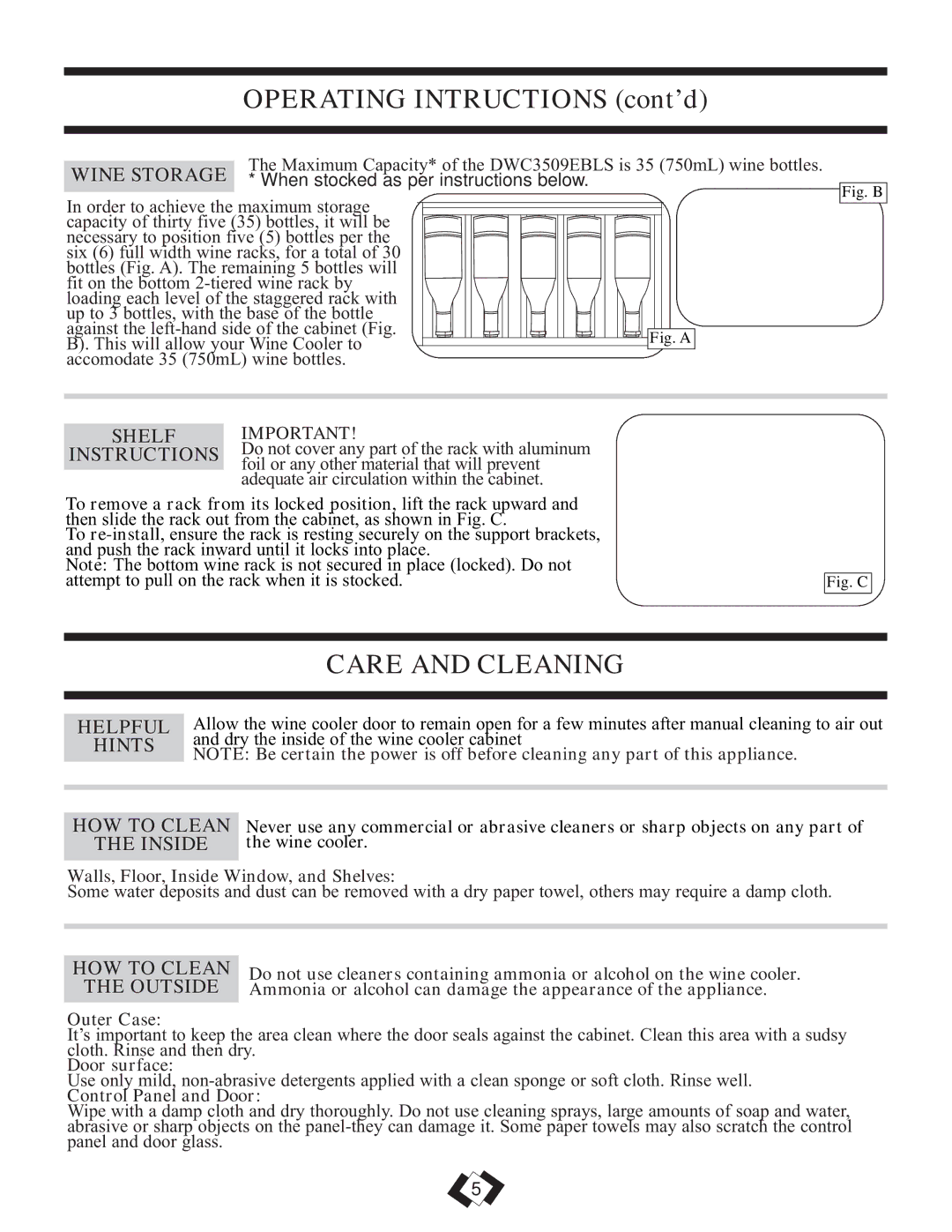 Danby DWC3509EBLS installation instructions Care and Cleaning 