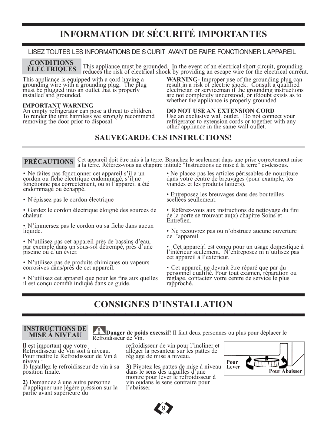 Danby DWC350BLPA Information DE Sécurité Importantes, Consignes D’INSTALLATION, Conditions, Instructions DE Mise À Niveau 