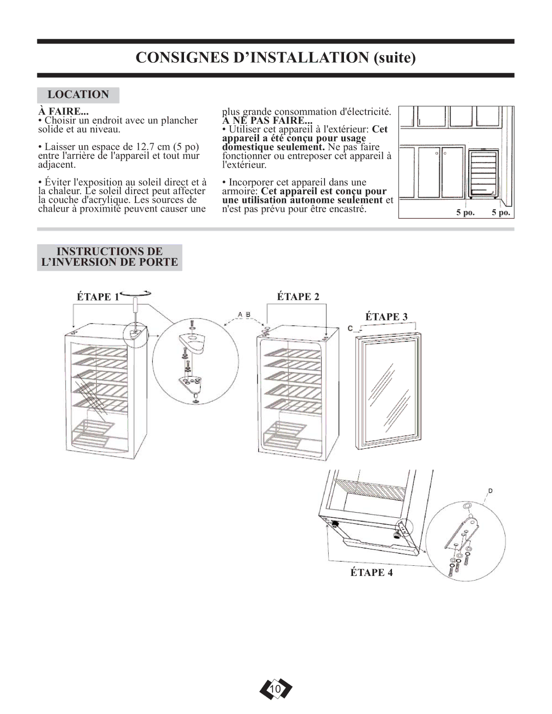 Danby DWC310BLA, DWC350BLPA installation instructions Instructions DE ’INVERSION DE Porte, NE PAS Faire, Étape 