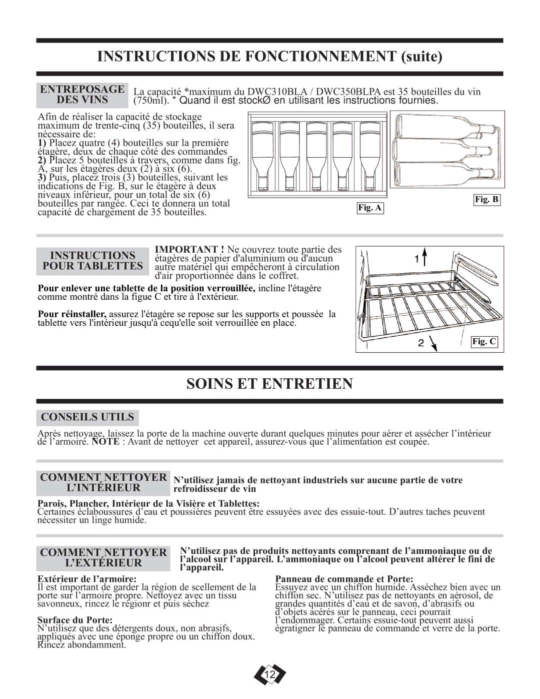 Danby DWC310BLA, DWC350BLPA installation instructions Soins ET Entretien 