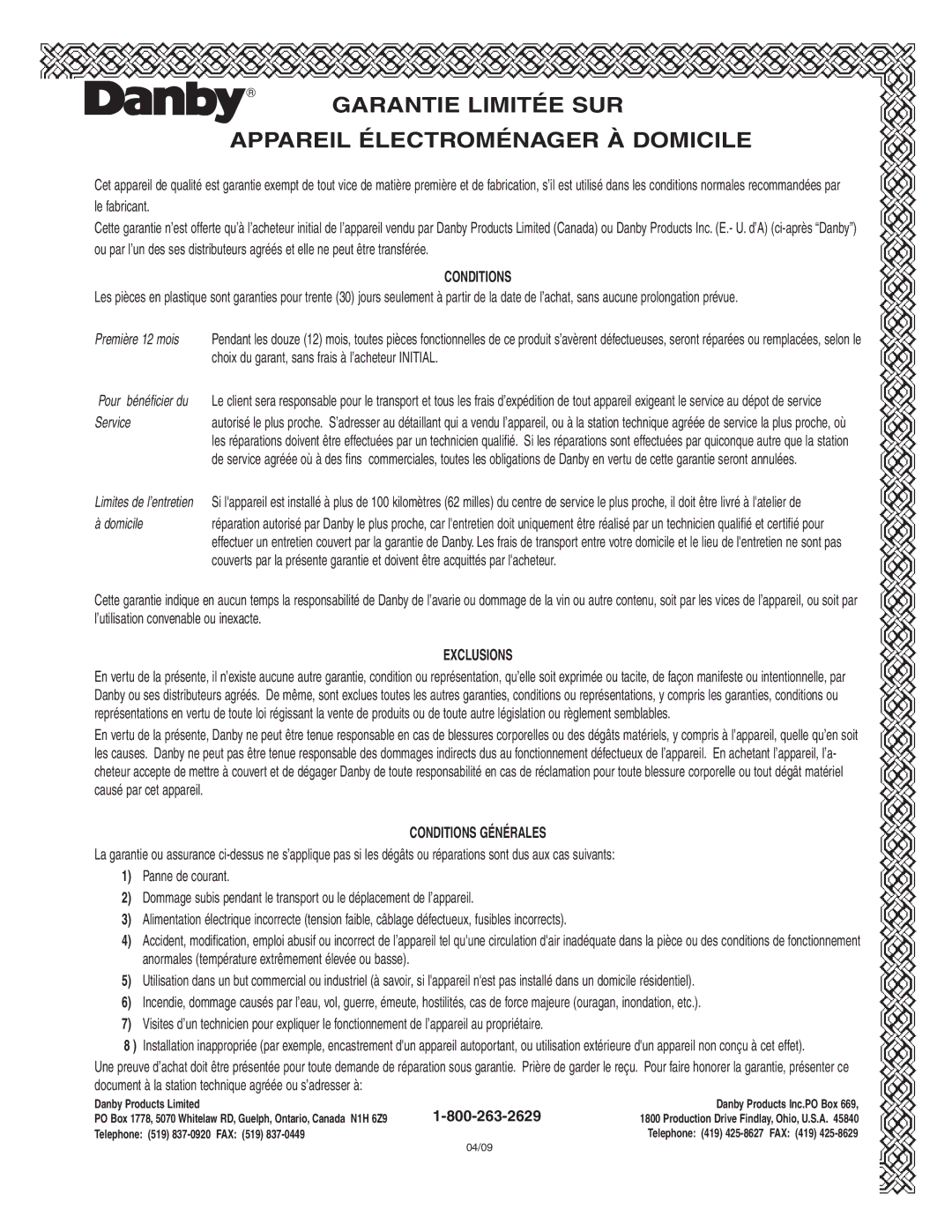 Danby DWC310BLA, DWC350BLPA installation instructions Garantie Limitée SUR Appareil Électroménager À Domicile 