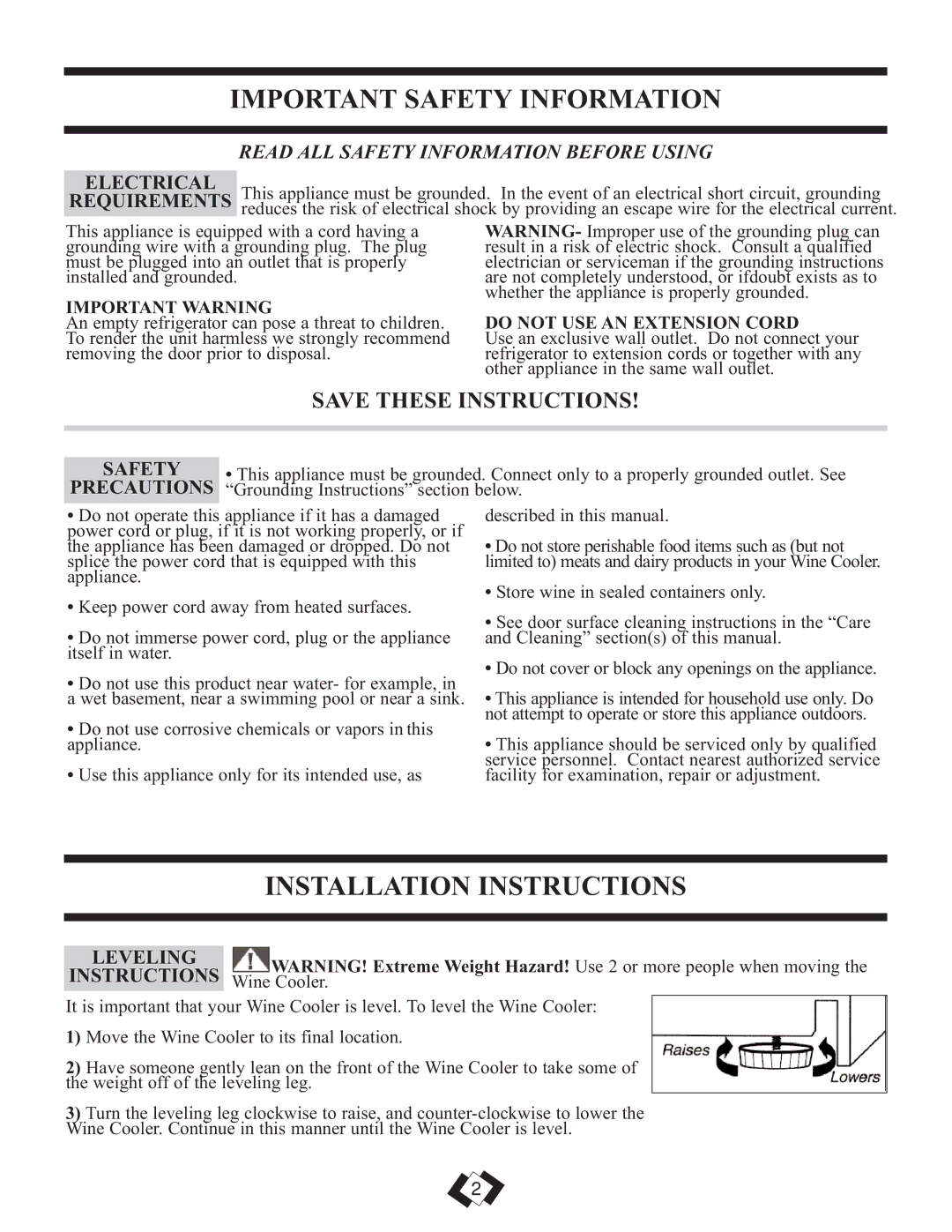 Danby DWC310BLA, DWC350BLPA installation instructions Important Safety Information, Installation Instructions 