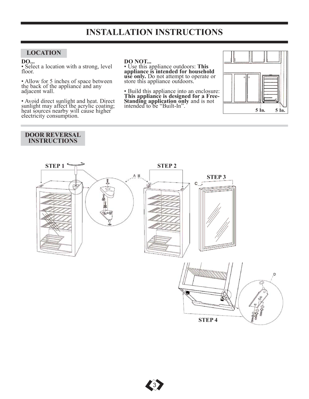 Danby DWC350BLPA, DWC310BLA installation instructions Location, Door Reversal Instructions, Do not, Step 