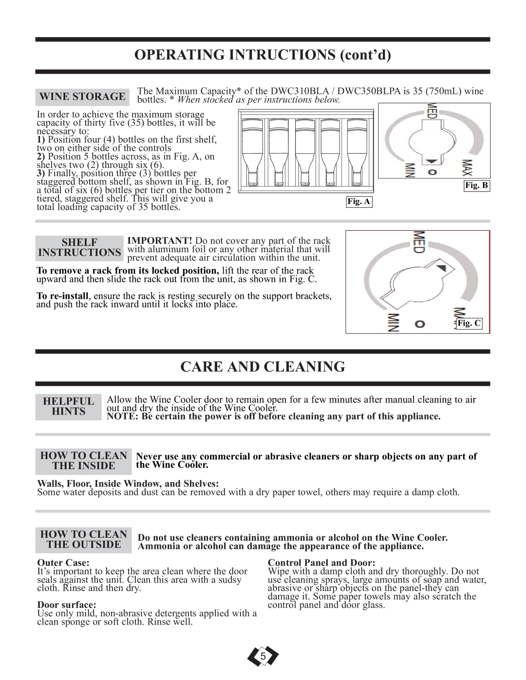 Danby DWC350BLPA, DWC310BLA installation instructions Care and Cleaning 