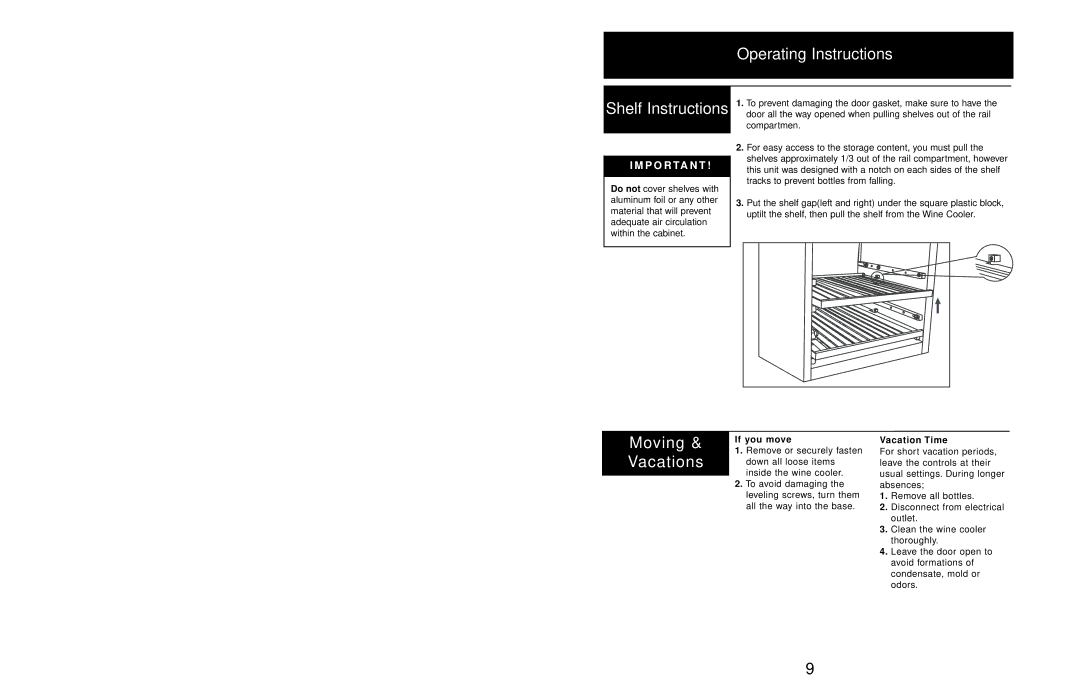 Danby DWC408BLSST Operating Instructions Shelf Instructions, Moving & Vacations, P O R Ta N T, If you move, Vacation Time 